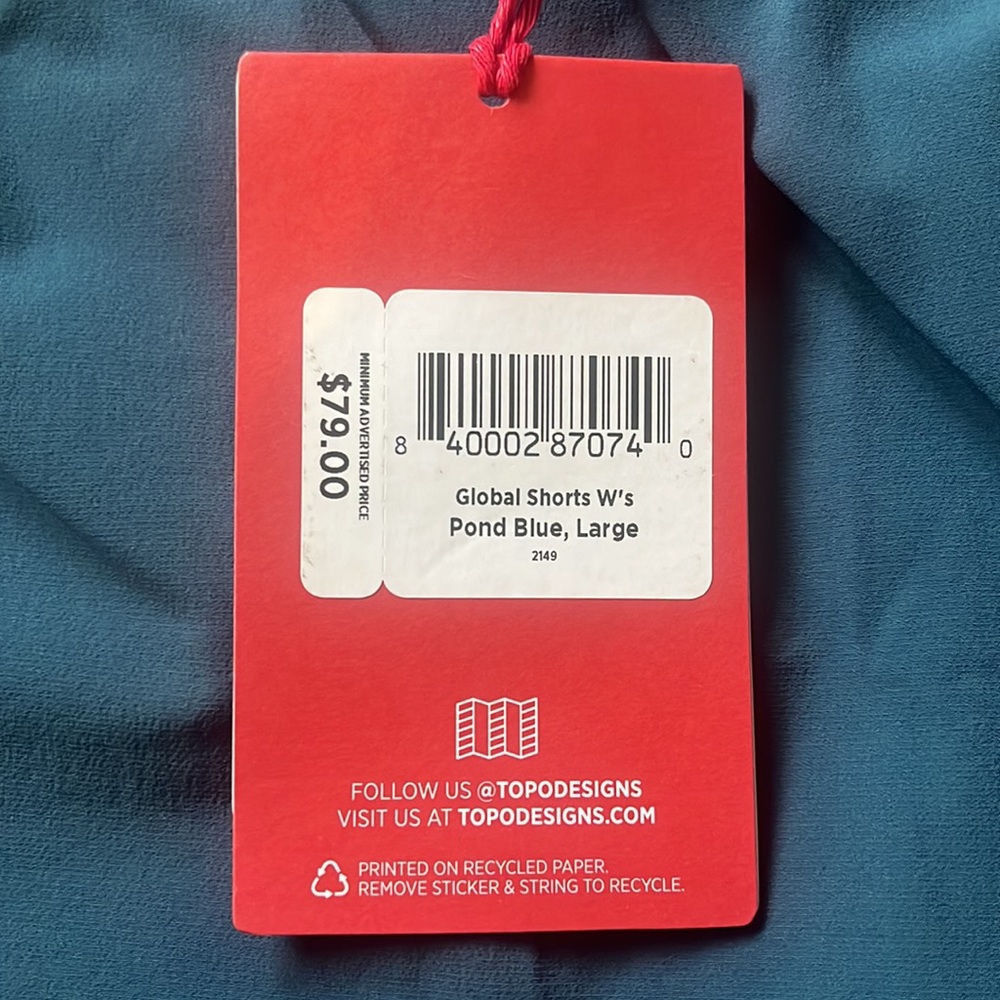NWT Topo Designs Women's Global Shorts - Pond Blue, Large -Travel, Hiking, Sport - Picture 10 of 10